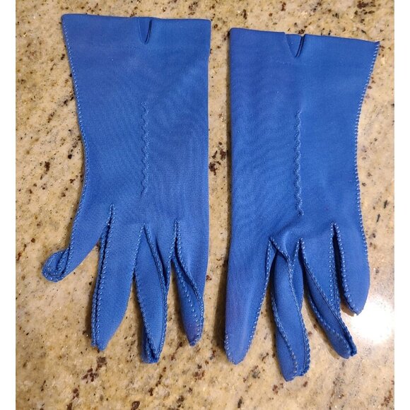 Vintage Size M/L 7 Blue Stretch Nylon Formal 8" Gloves Stitching Detail Fownes - Picture 1 of 16